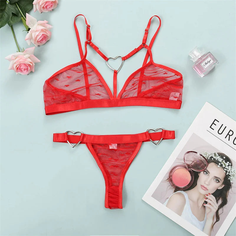 Sexy Bra Set Heart Print Lingerie Set Ring Linked Erotic Lingerie 2 Pcs Women's Underwear Mesh Intimate Transparent Bralette Set