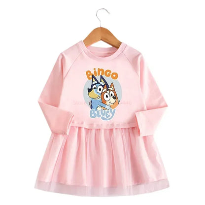 Moose Bluey Family Anime Spring Autumn Girls Dress Cute Bingo Dog Pink Long Sleeve Mesh Skirt Girls Princess Dress Birthday Gift