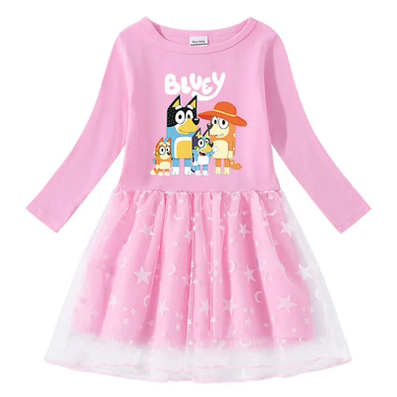 Animation Peripheral Long Sleeved Princess Dress Cute Star Long Sleeved Dress Bluey Pure Cotton Children&