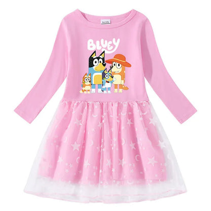 Animation Peripheral Long Sleeved Princess Dress Cute Star Long Sleeved Dress Bluey Pure Cotton Children&