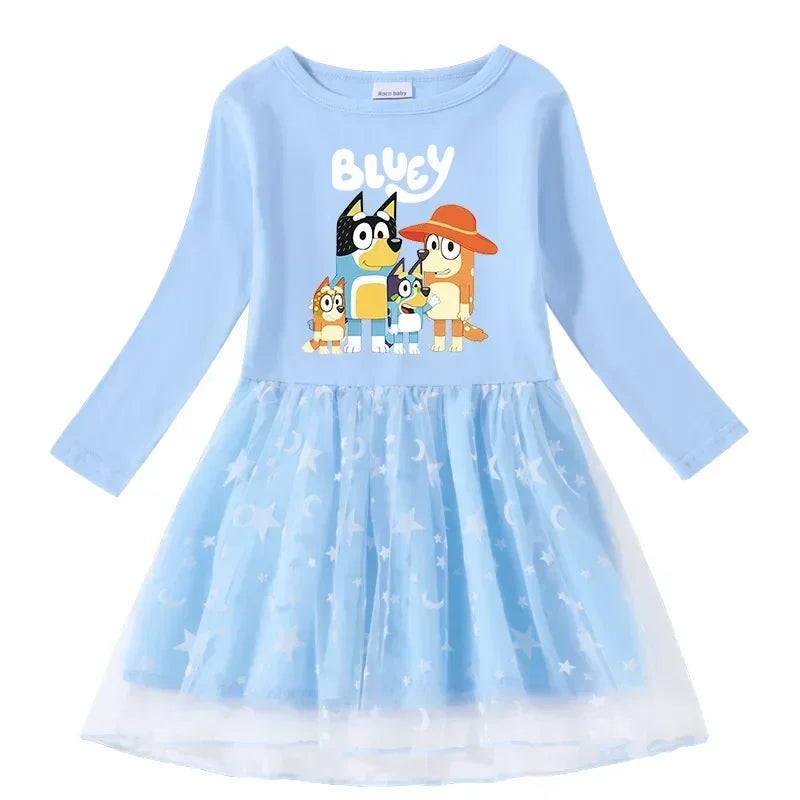 Animation Peripheral Long Sleeved Princess Dress Cute Star Long Sleeved Dress Bluey Pure Cotton Children&