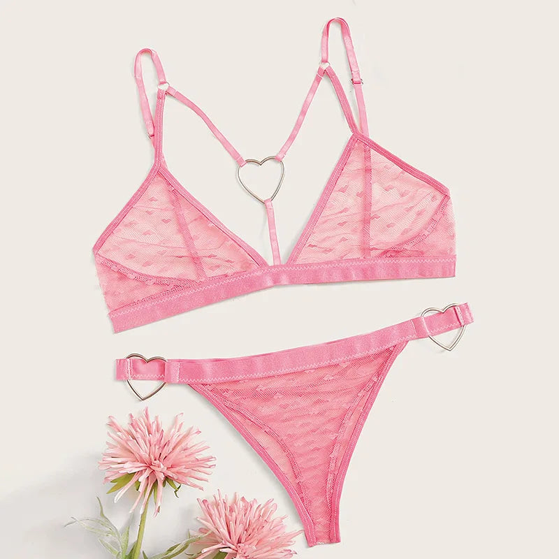 Sexy Bra Set Heart Print Lingerie Set Ring Linked Erotic Lingerie 2 Pcs Women&