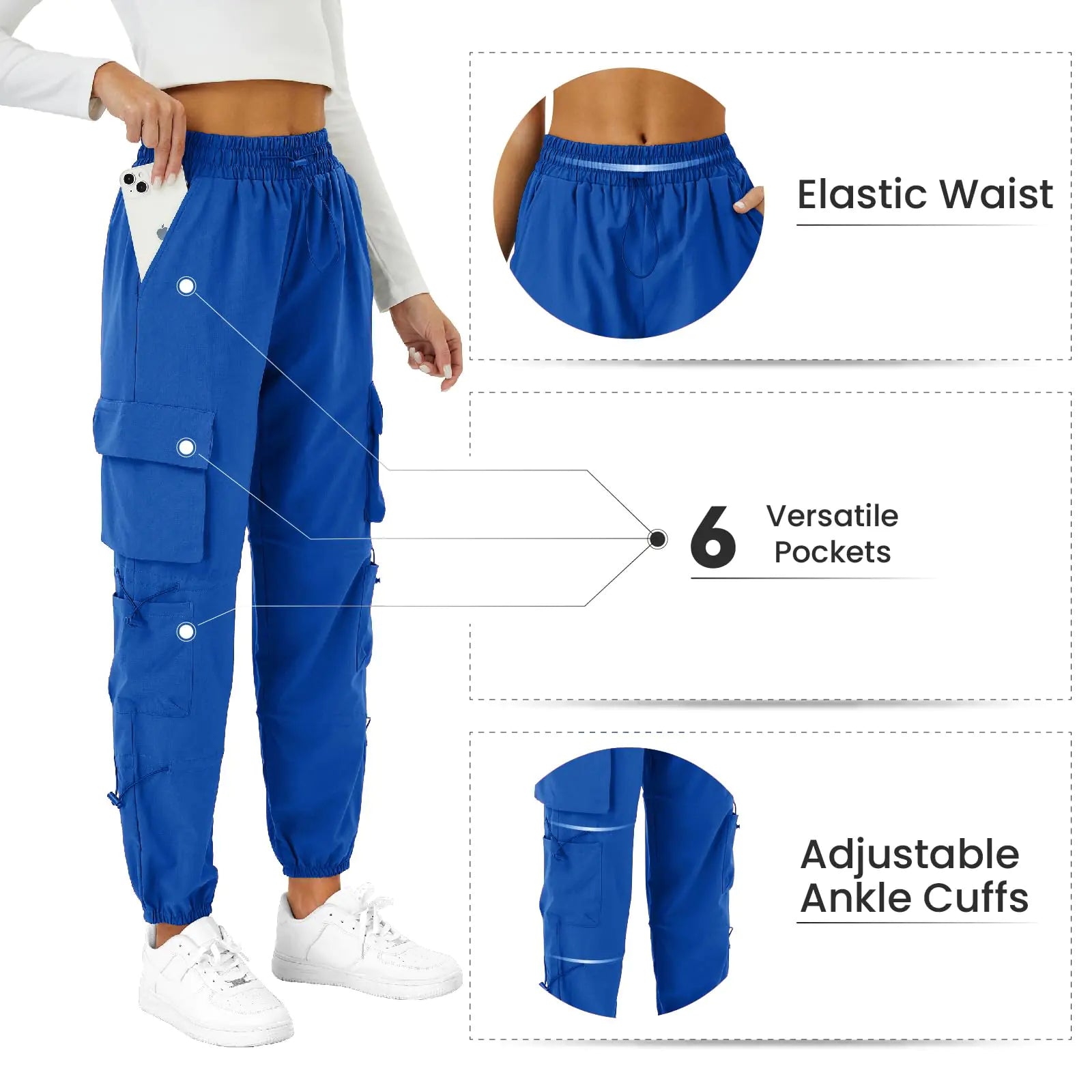Womens Parachute Cargo Pants with Pockets Quick Dry Hiking Pants Lightweight Waterproof Baggy Joggers X-Large Blue