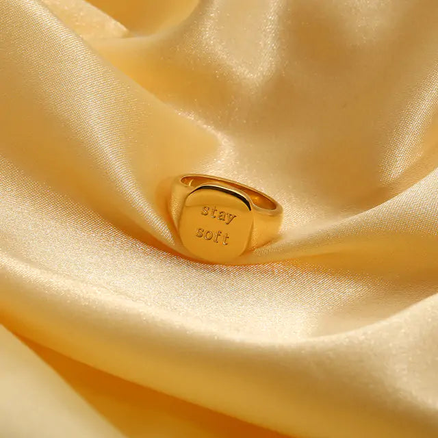 Engraved Letter Word Signet Ring: 18K Gold Plated Stainless Steel