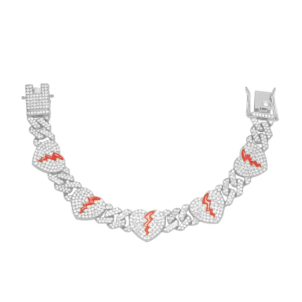 Hip Hop Broken Love Heart Rhombus Cuban Chain Bracelet Men Women 12mm Iced Out Alloy Inlaid Rhinestone Necklaces Fashion Jewelry