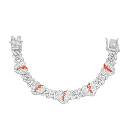 Hip Hop Broken Love Heart Rhombus Cuban Chain Bracelet Men Women 12mm Iced Out Alloy Inlaid Rhinestone Necklaces Fashion Jewelry