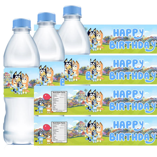 Bluey Water Bottle Labels for Bingo Family Party Supplies Toys Birthday Decorations Stickers for Boys Girls Baby Shower Party