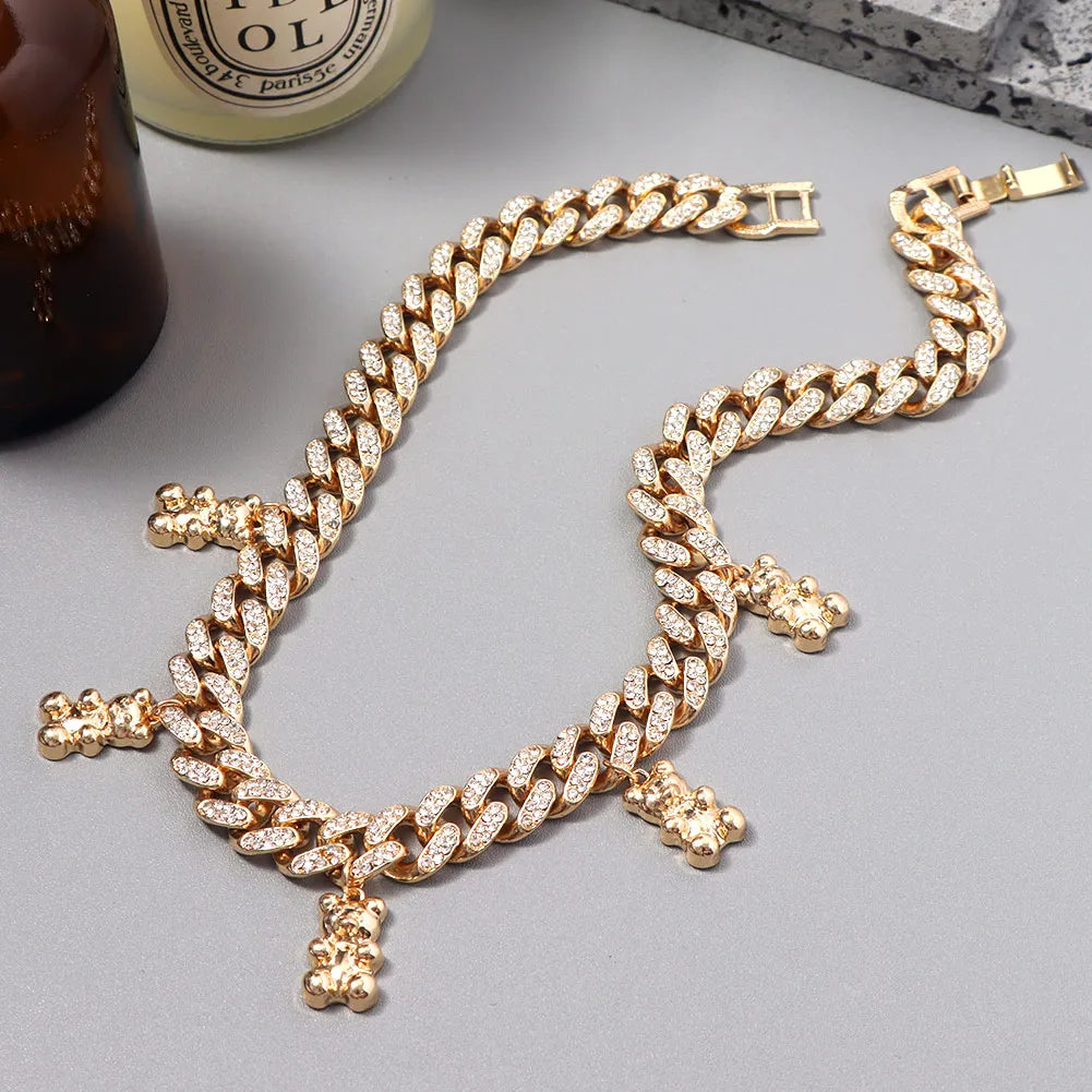 Men Women 13MM Miami Curb Cuban Link Necklace Iced Out Crystal Rhinestones Cuban Link Chain Choker Bear Necklaces Trendy Jewelry