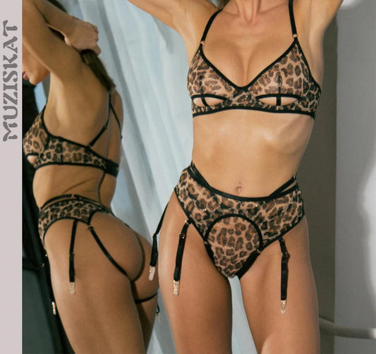 MUZISKAT 2024 New Bra Set Sexy Hollow Leopard See-Through Mesh Erotic Lingerie Three-Piece Set