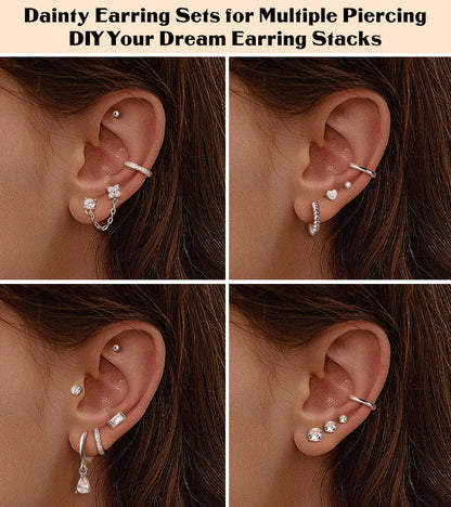 ADRAMATA Tiny Gold Flat Back Earrings for Cartilage Surgical Steel Stud Hoop Earrings Set for Multiple Piercing Cute Star Moon Snake Butterfly CZ Chain Dangle Emerald Green Earrings Helix Piercing Jewelry Hypoallergenic 20G Silver Single Earrings