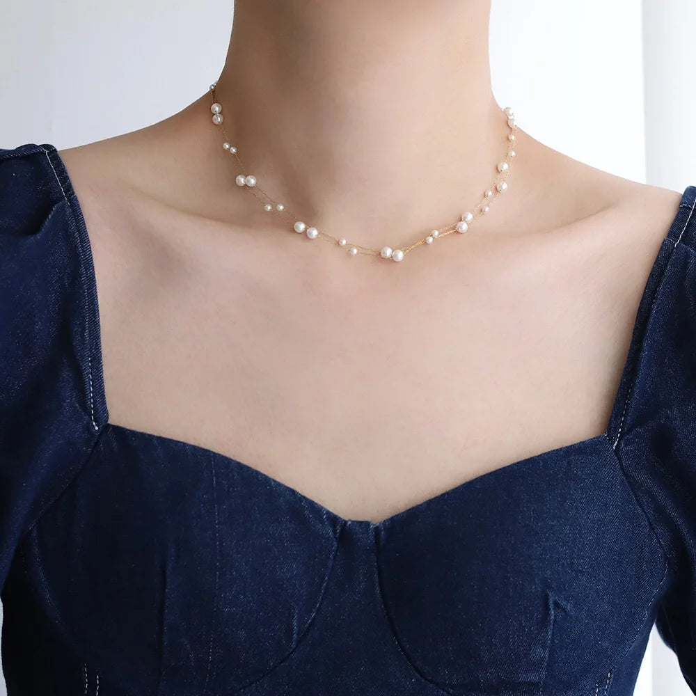 316l Stainless Steel Beautifully Temperament Pearl Chain Necklace for Women Waterproof Metal Collar Jewelry Bijoux Gift