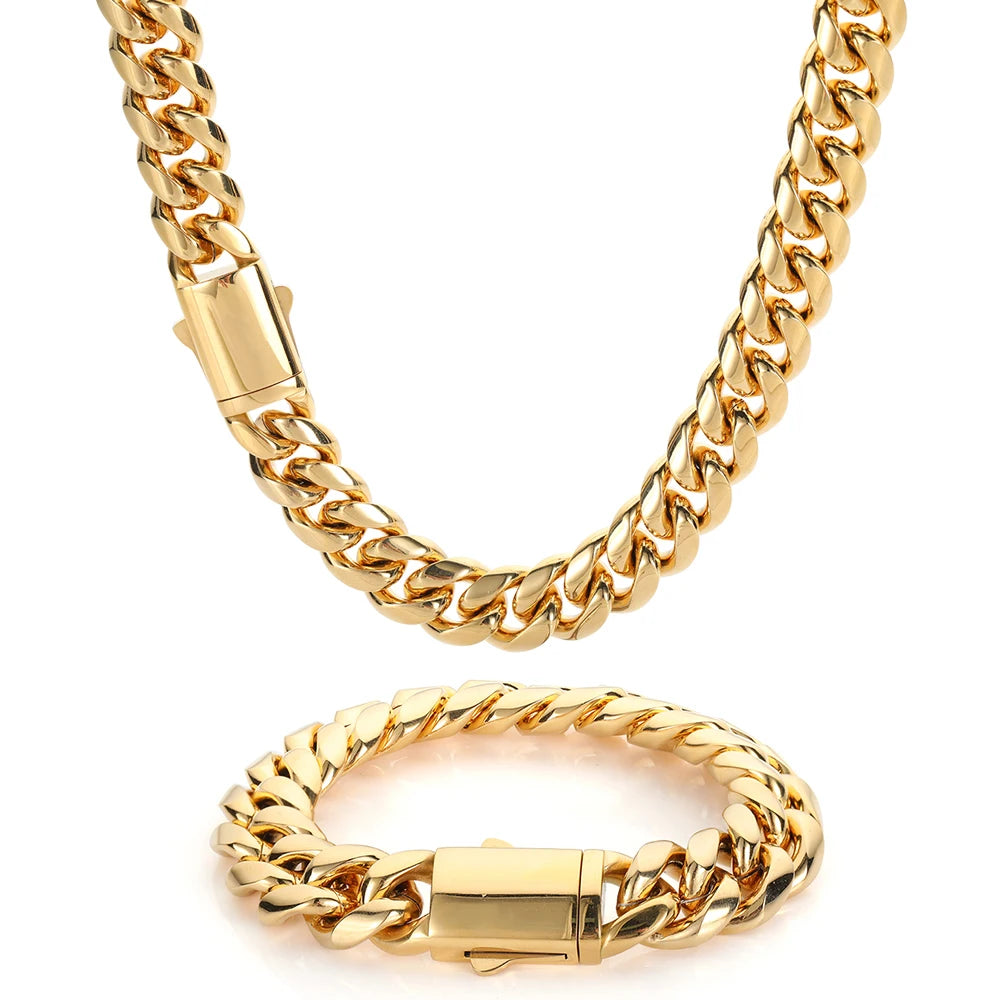 Hip Hop Stainless Steel Cuban Link Chain Necklace For Men Women Cuban Bracelet Jewelry Custom Logo On Front Back