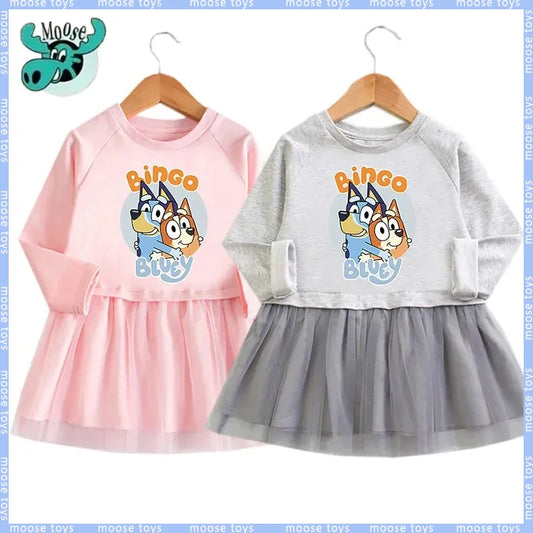 Moose Bluey Family Anime Spring Autumn Girls Dress Cute Bingo Dog Pink Long Sleeve Mesh Skirt Girls Princess Dress Birthday Gift