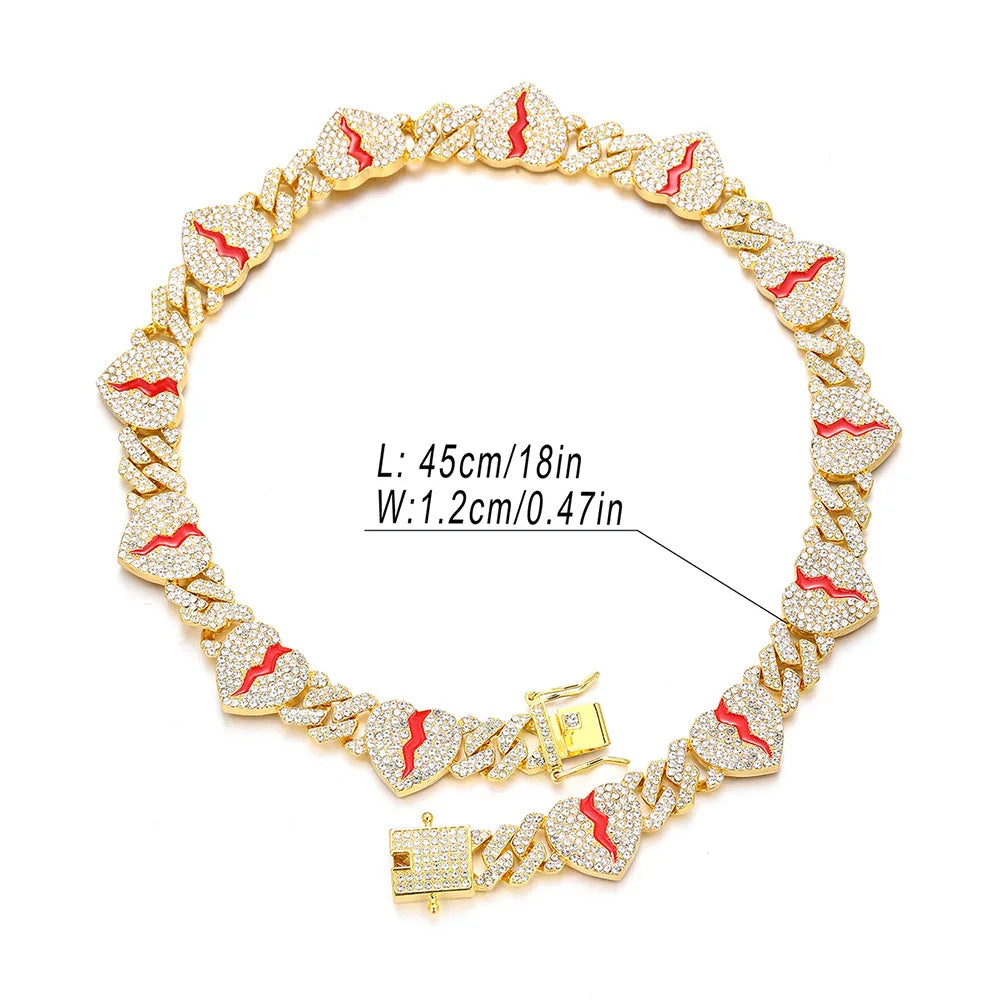 Hip Hop Broken Love Heart Rhombus Cuban Chain Bracelet Men Women 12mm Iced Out Alloy Inlaid Rhinestone Necklaces Fashion Jewelry