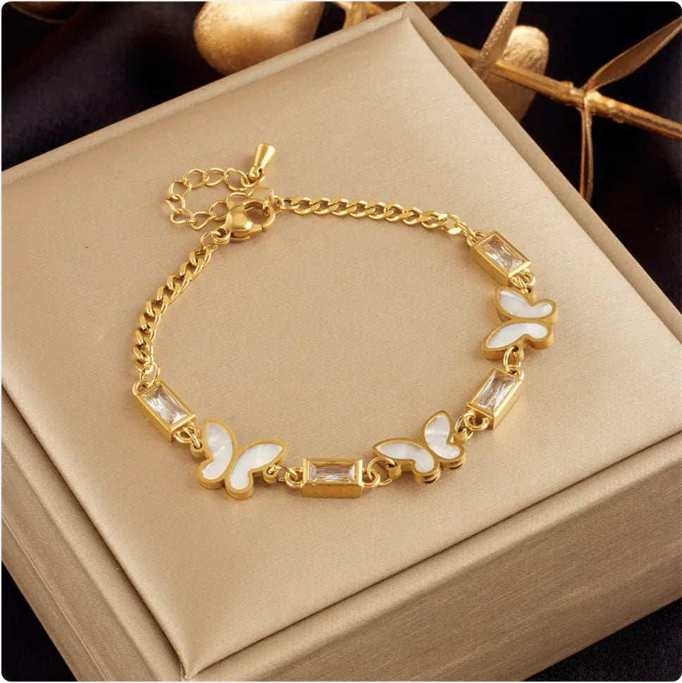 Gold-Plated Butterfly Pearl Rhinestone Bracelet