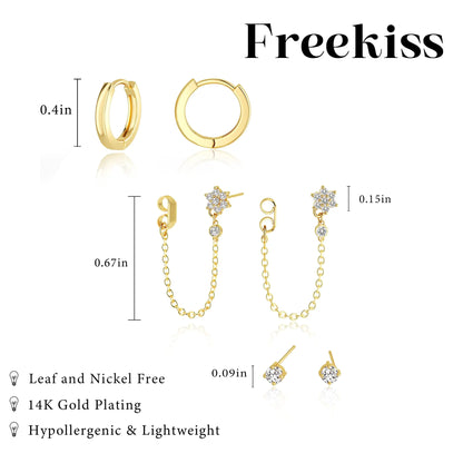 3 Pairs Gold Hoop Earrings Set: Dainty Stud Earrings Trendy Small 14K Gold Plated Hypoallergenic Dangle Cartilage Huggie Hoop Earrings for Women Gold Jewelry for Women Gifts Chain set