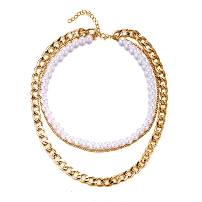 Pearl and Curb 3 Piece Layer 18K Gold