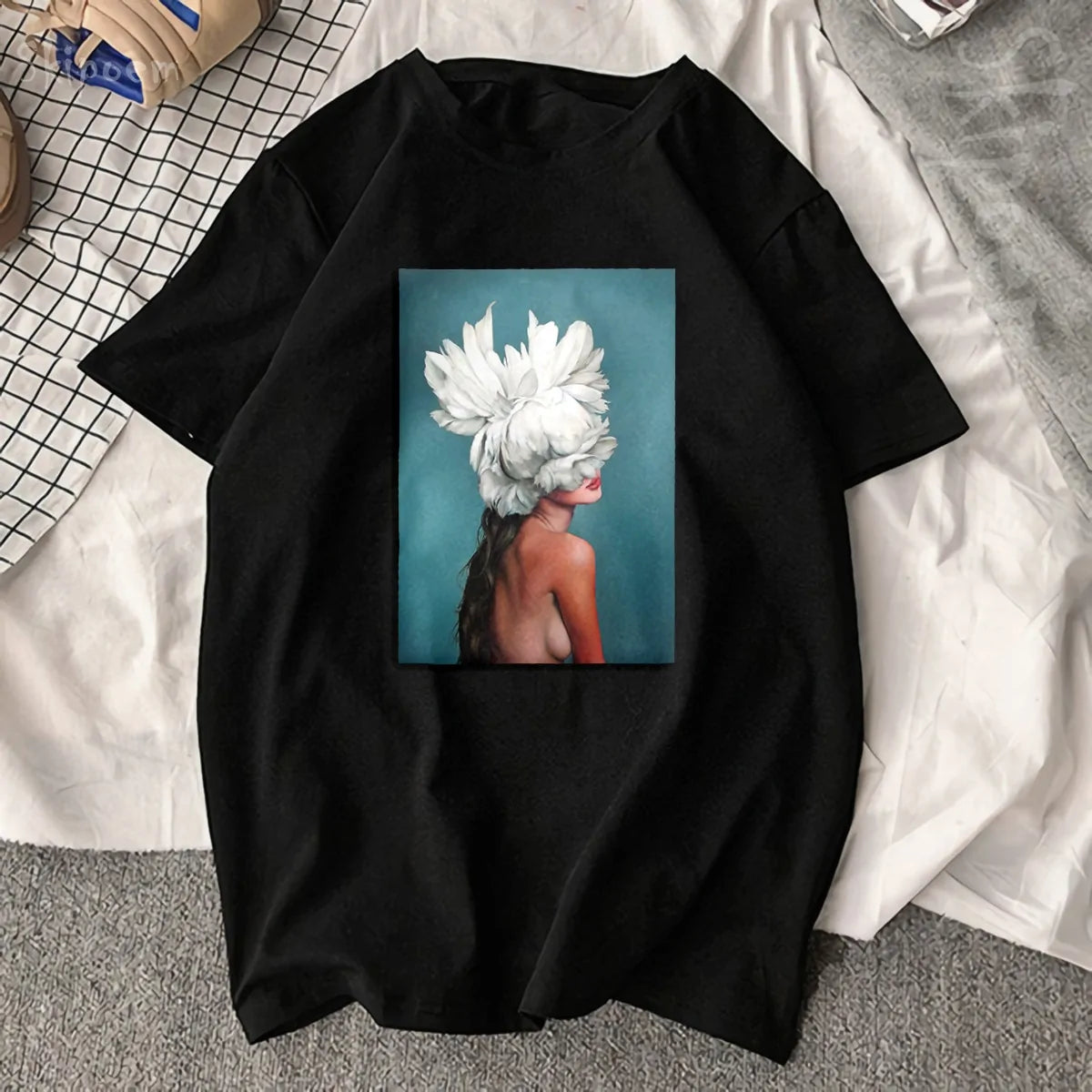 Sexy Flowers Feather Print Short Sleeve Tops