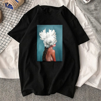 Sexy Flowers Feather Print Short Sleeve Tops