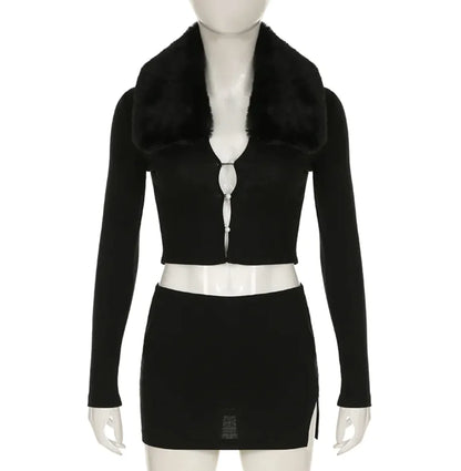 Fur Collar Buttoned Top &amp; Split Skirt Set