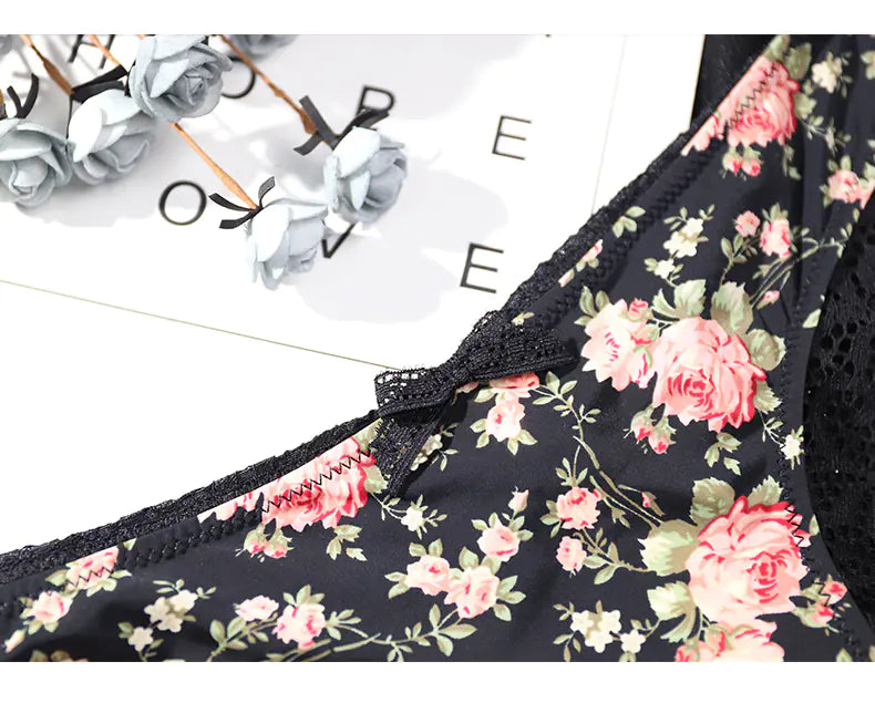 French Lace Edge Floral Print Bra Set for Women