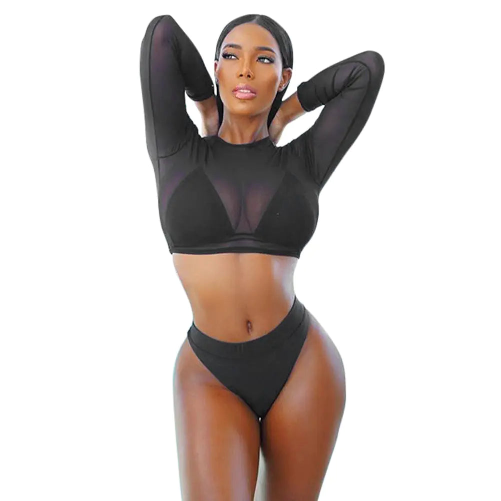 Sheer Mesh Bikini Swimsuit Set (Three Pieces)