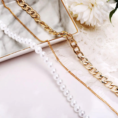 Pearl and Curb 3 Piece Layer 18K Gold