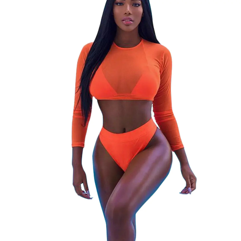 Sheer Mesh Bikini Swimsuit Set (Three Pieces)