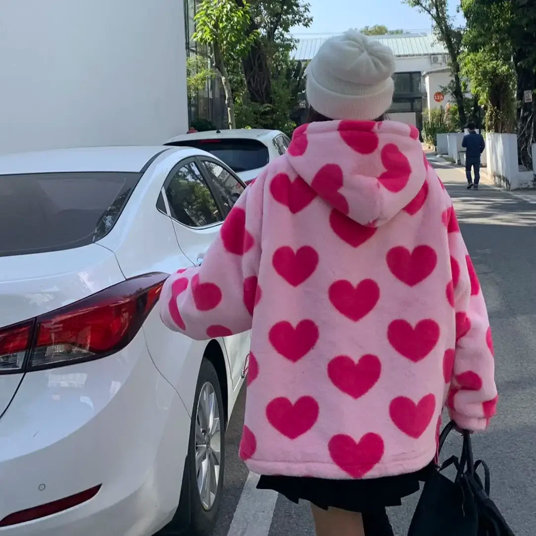 Heart Print Plush Jacket