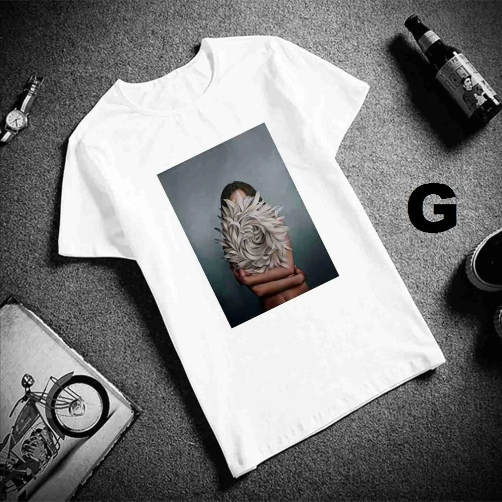 Sexy Flowers Feather Print Short Sleeve Tops