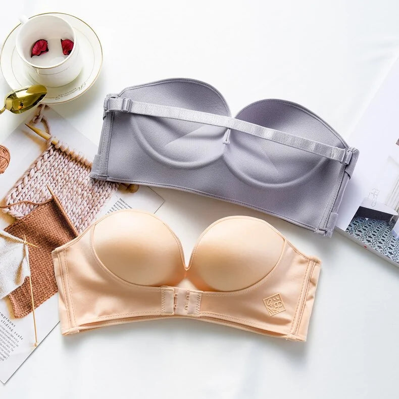 Front &amp; Back Buckle Push-Up Bra: Deep V Strapless Design, Wire-Free, Thicken Lingerie
