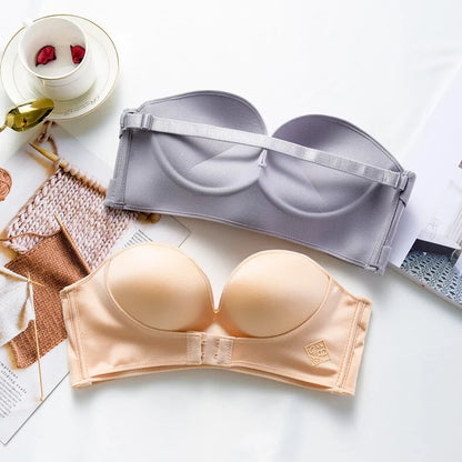 Front &amp; Back Buckle Push-Up Bra: Deep V Strapless Design, Wire-Free, Thicken Lingerie