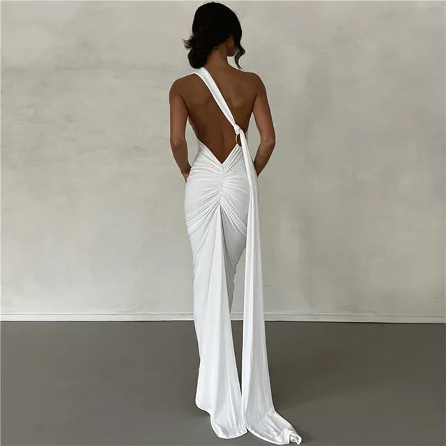 Backless Maxi Dress Oblique Shoulder Sleeveless