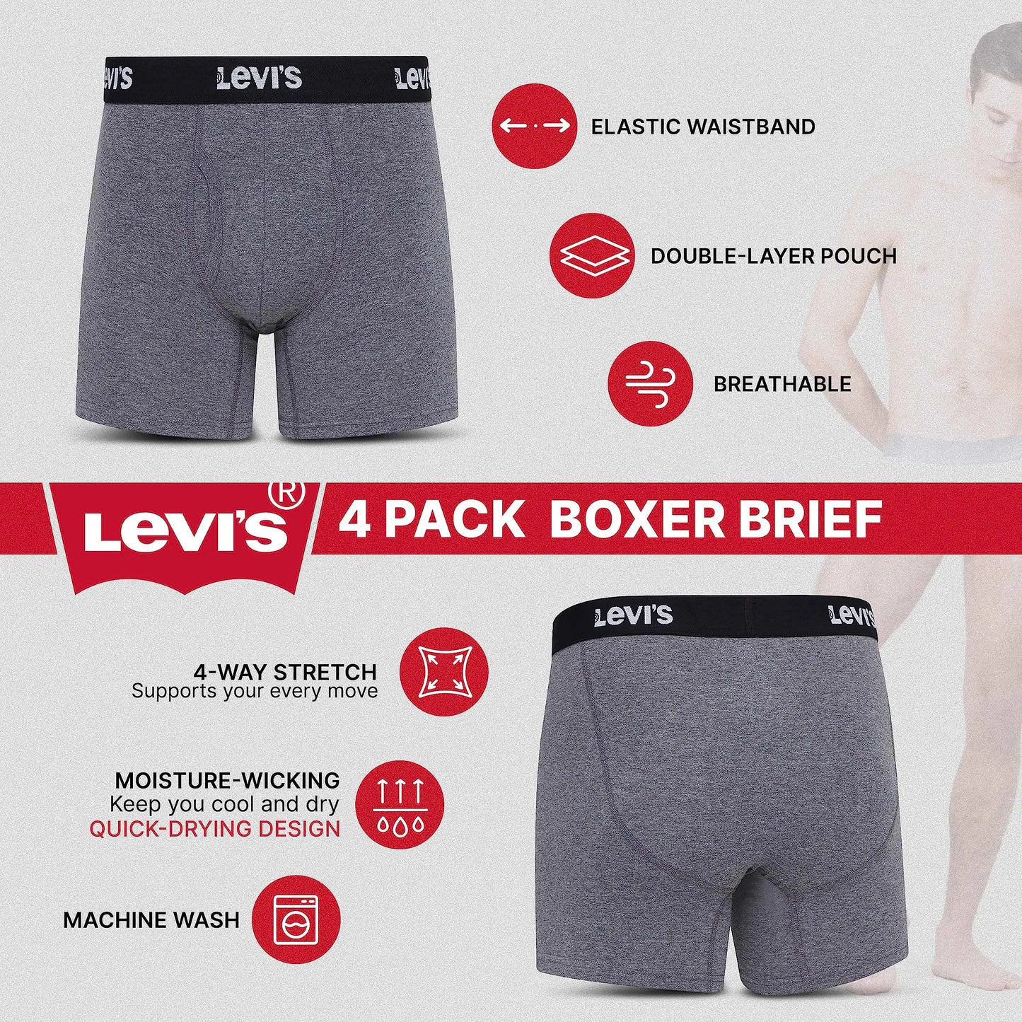 Levi's Mens Boxer Briefs Breathable Stretch Underwear 4 Pack Scribble Logo, Caviar, B25heathergrey, Caviar X-Large