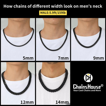ChainsHouse Stainless Steel Mens Cuban Link Chain, Black/18K Gold Miami Cuban Chain Necklace, 5/7/9mm/12mm Width, No Tarnish&amp; Durable Hip Hop Mens Jewelry, 18"-30", Send Gift Box 20 inches d. 12mm width-black
