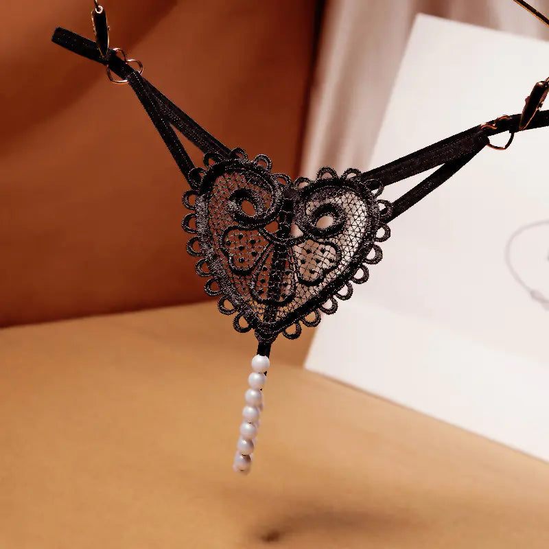 Vintage Pearl Heart Embellished Thong for Women