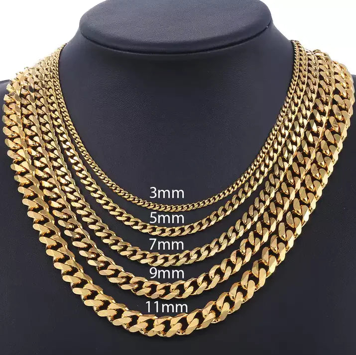 Stainless Steel Gold Silver Chain Cuban Curb Womens Mens Necklace 3/5/7/9/11mm