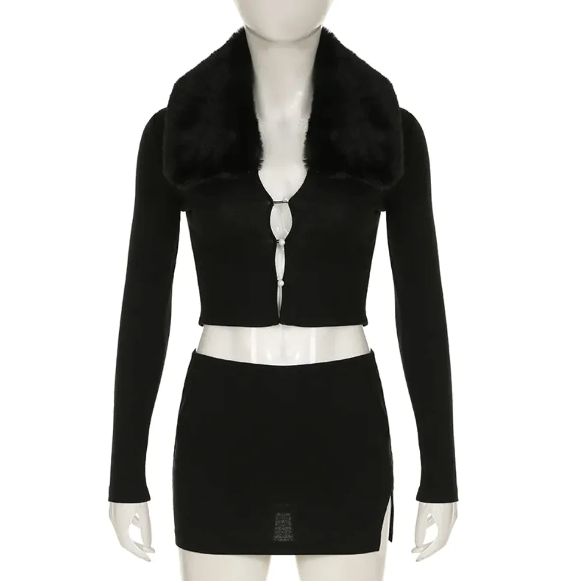 Fur Collar Buttoned Top &amp; Split Skirt Set