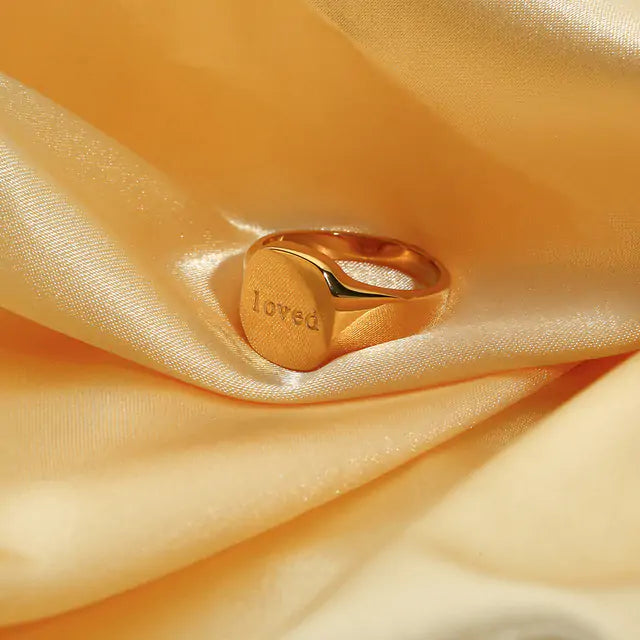 Engraved Letter Word Signet Ring: 18K Gold Plated Stainless Steel
