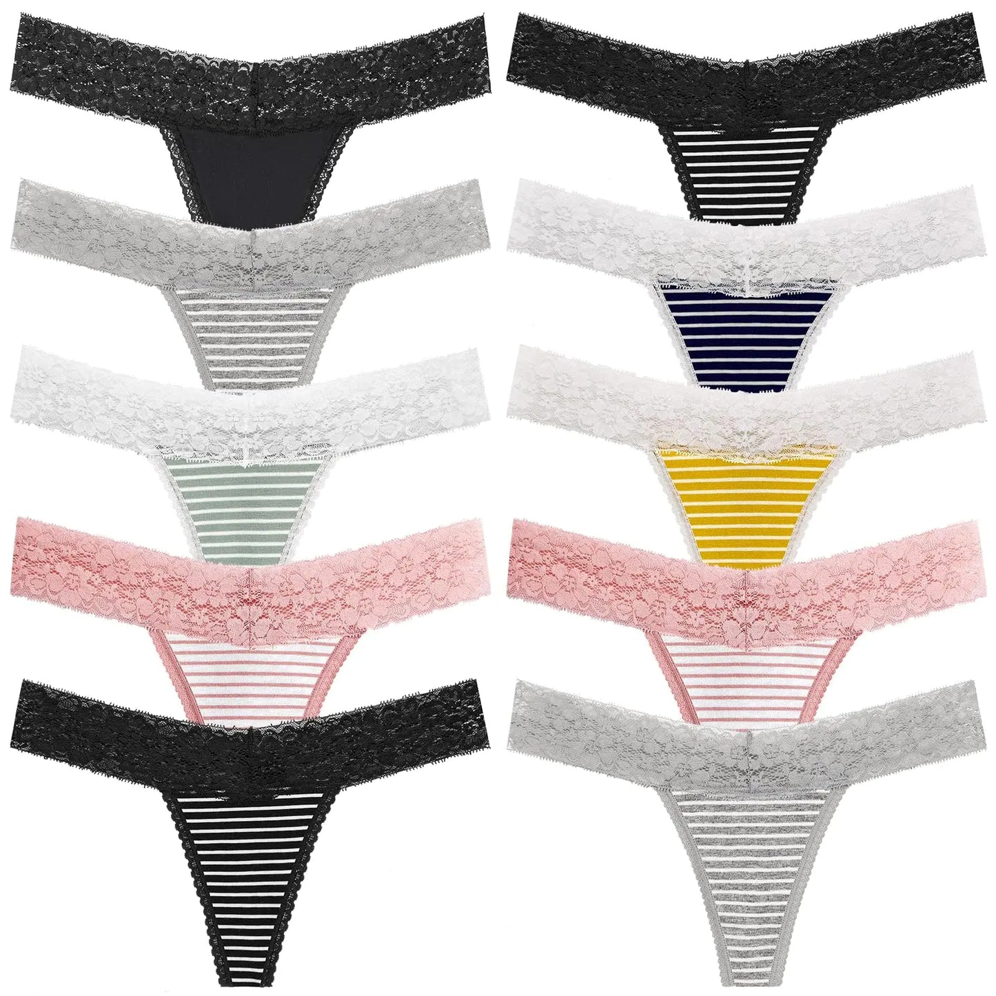 ANNYISON Women's Thongs, T Back Low Waist See Through Panties Cotton Seamless Lace Thongs for Women Medium Multicoloured G - 10 Pack