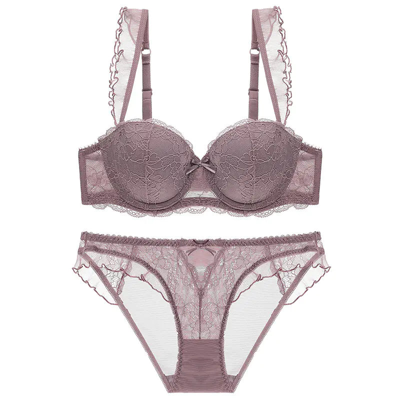 Lace Trim Push-Up Bra and Ruffled Lingerie Set