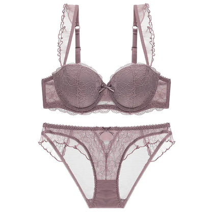 Lace Trim Push-Up Bra and Ruffled Lingerie Set