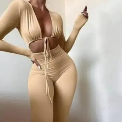 Jumpsuits Bandage Tie Sexy Hollow Out Long Sleeve Bodycon