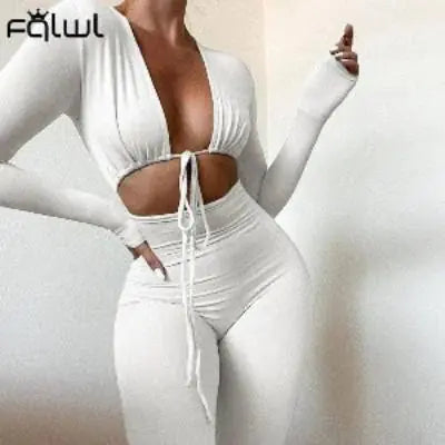 Jumpsuits Bandage Tie Sexy Hollow Out Long Sleeve Bodycon
