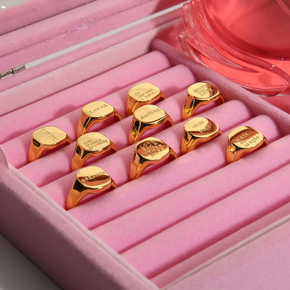 Engraved Letter Word Signet Ring: 18K Gold Plated Stainless Steel