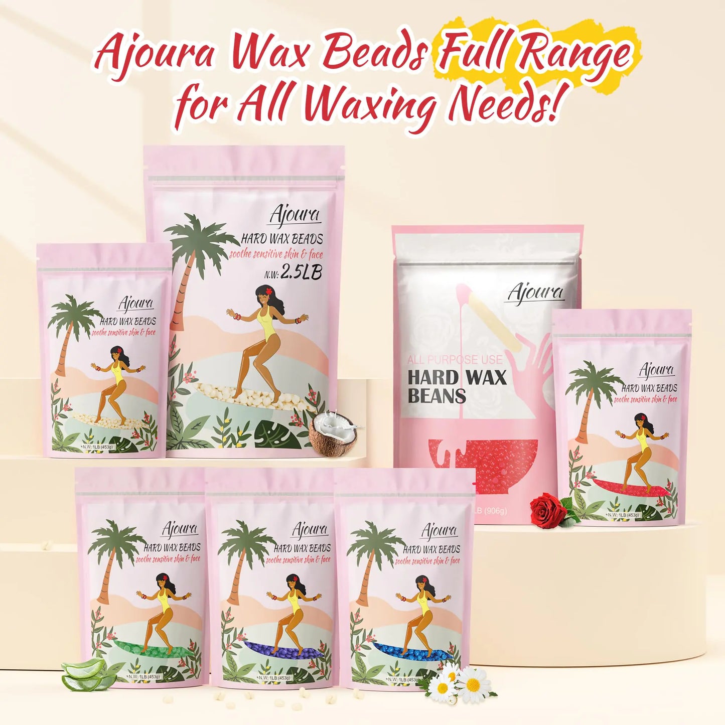 Ajoura 2.5 lb Wax Beads for Hair Removal - Premium Hard Wax for Coarse Hair, Ideal for Brazilian Bikini, Legs, Face, Underarms, Arms, Chest, Back - Sensitive Skin for Efficient Home & Salon Waxing Off White-2.5lb