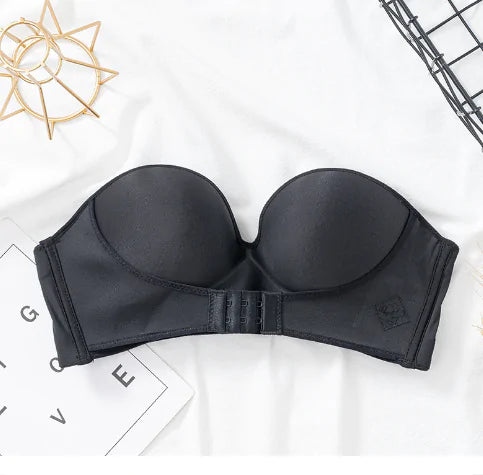 Front &amp; Back Buckle Push-Up Bra: Deep V Strapless Design, Wire-Free, Thicken Lingerie