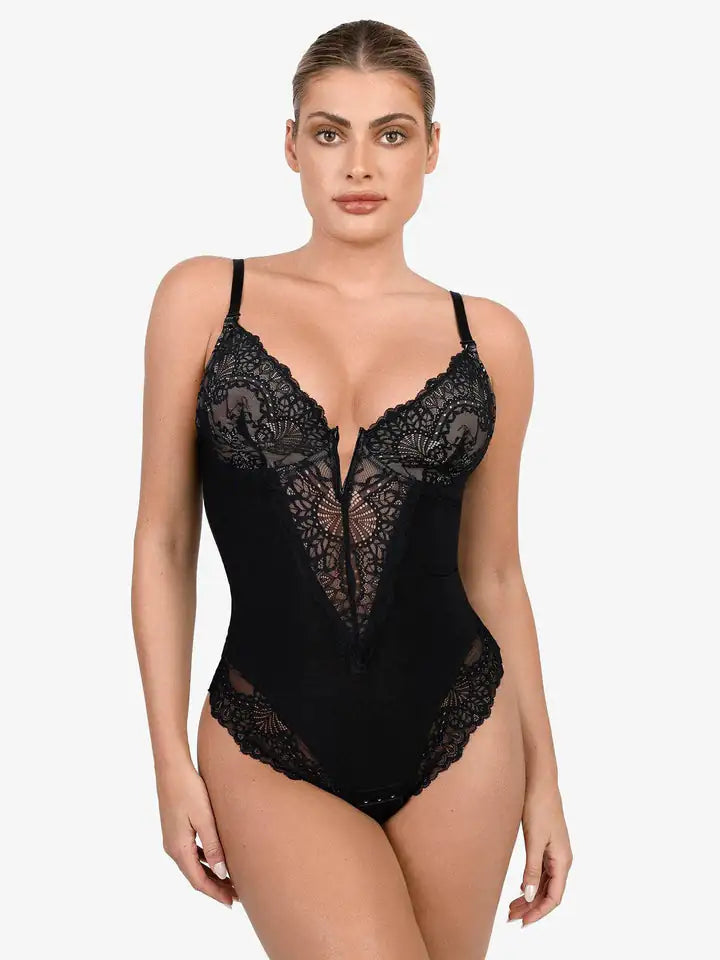 Deep V-Neck Lace Thong Bodysuit