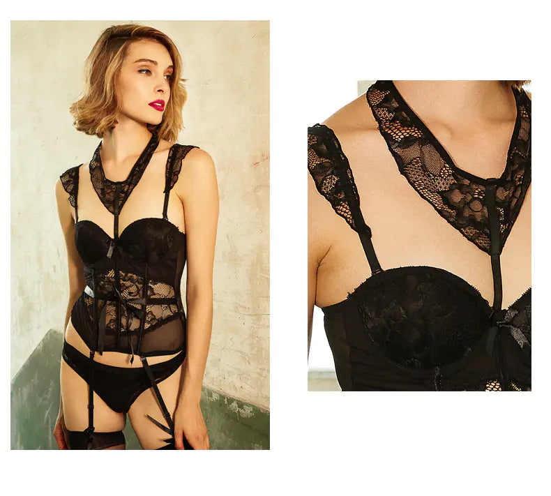 Lace Corset Bodysuit with Bow and Underwire Bra Set
