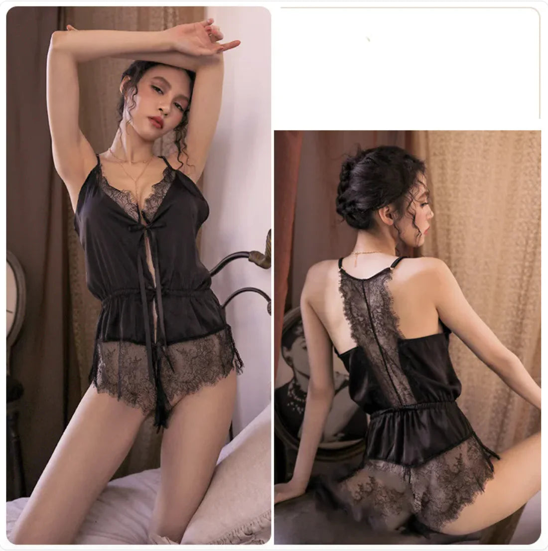 Sexy Lace Ice Silk Pajama Set